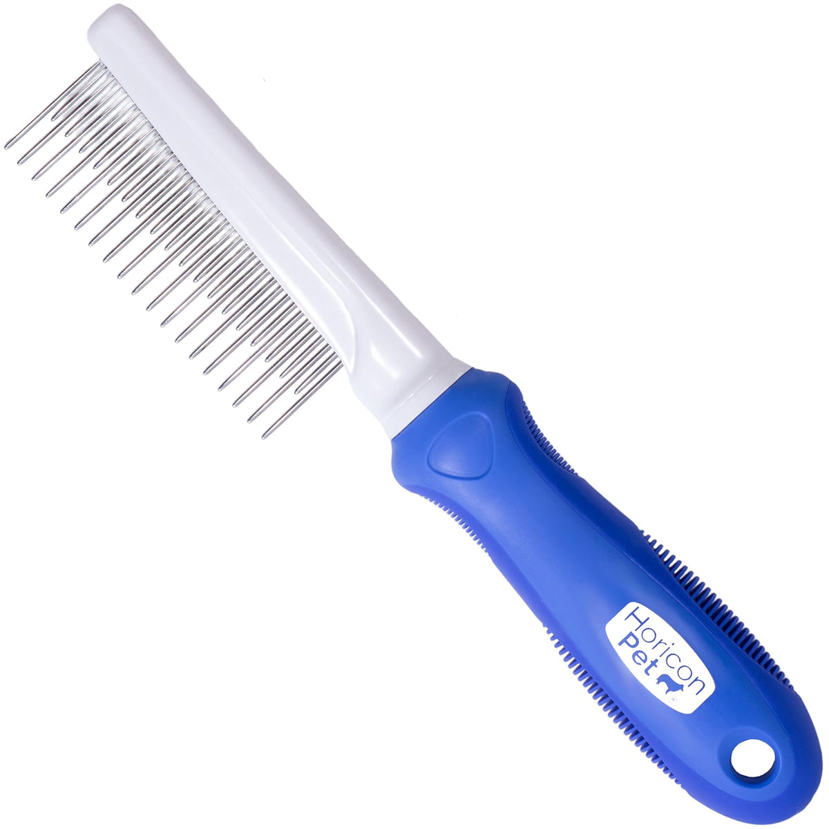 Horicon Pet detangling dog comb front view with long and short teeth for knot removal.