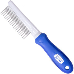 Horicon Pet detangling dog comb front view with long and short teeth for knot removal.