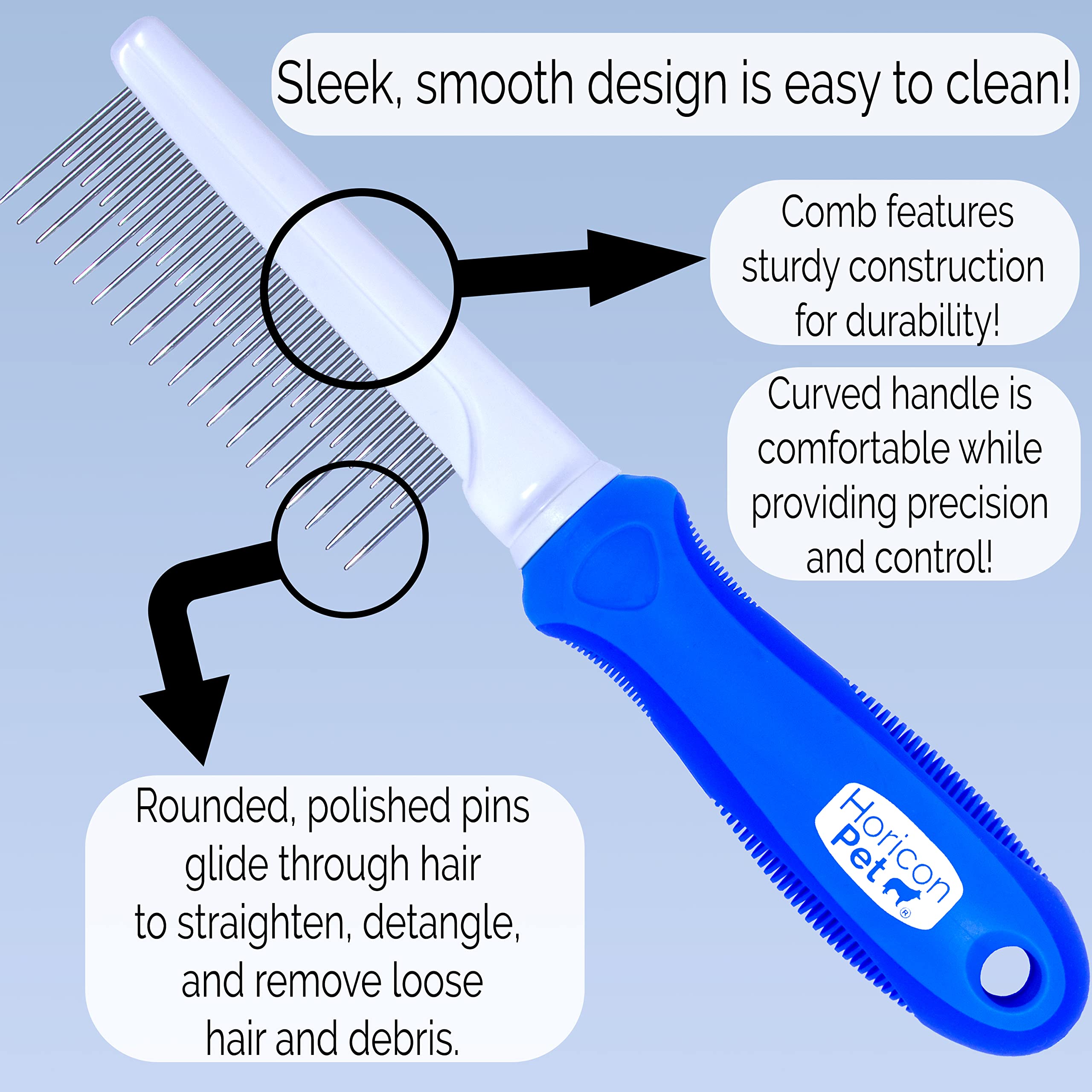 Horicon Pet detangling dog comb undercoat access for mat prevention.