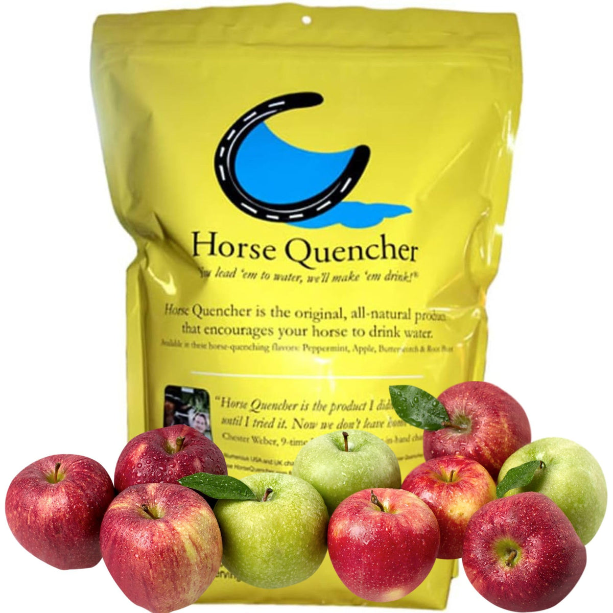 Horse Quenchers apple-flavored hydration bag helps keep horses hydrated during training.