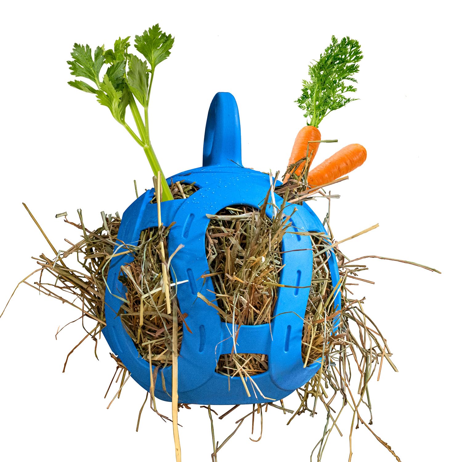 Horsemen's Pride Jolly Hay Ball blue side view for stall enrichment.