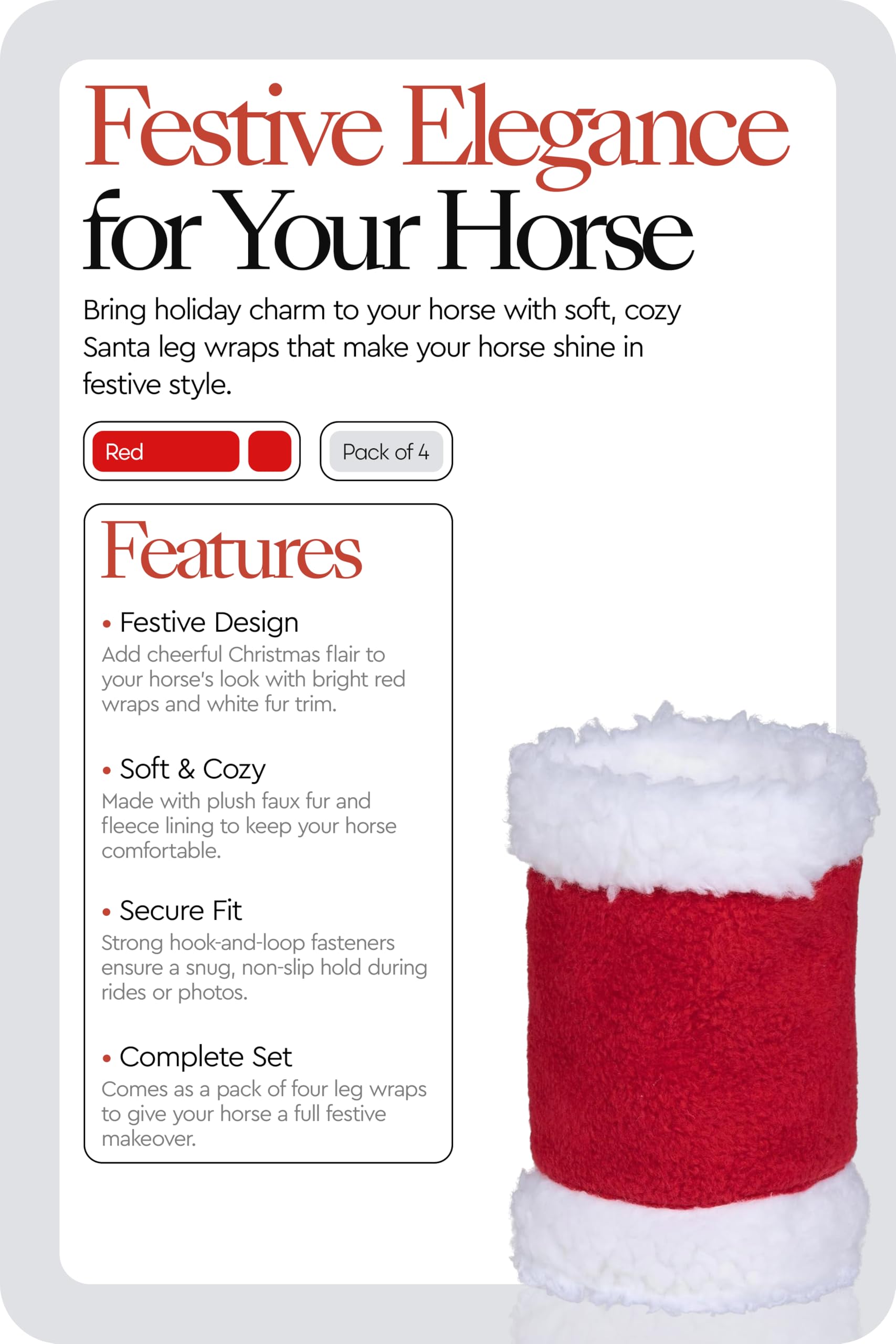 HORZE Santa leg wraps in red provide secure fit with hook-and-loop closure.