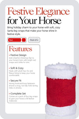 HORZE Santa leg wraps in red provide secure fit with hook-and-loop closure.