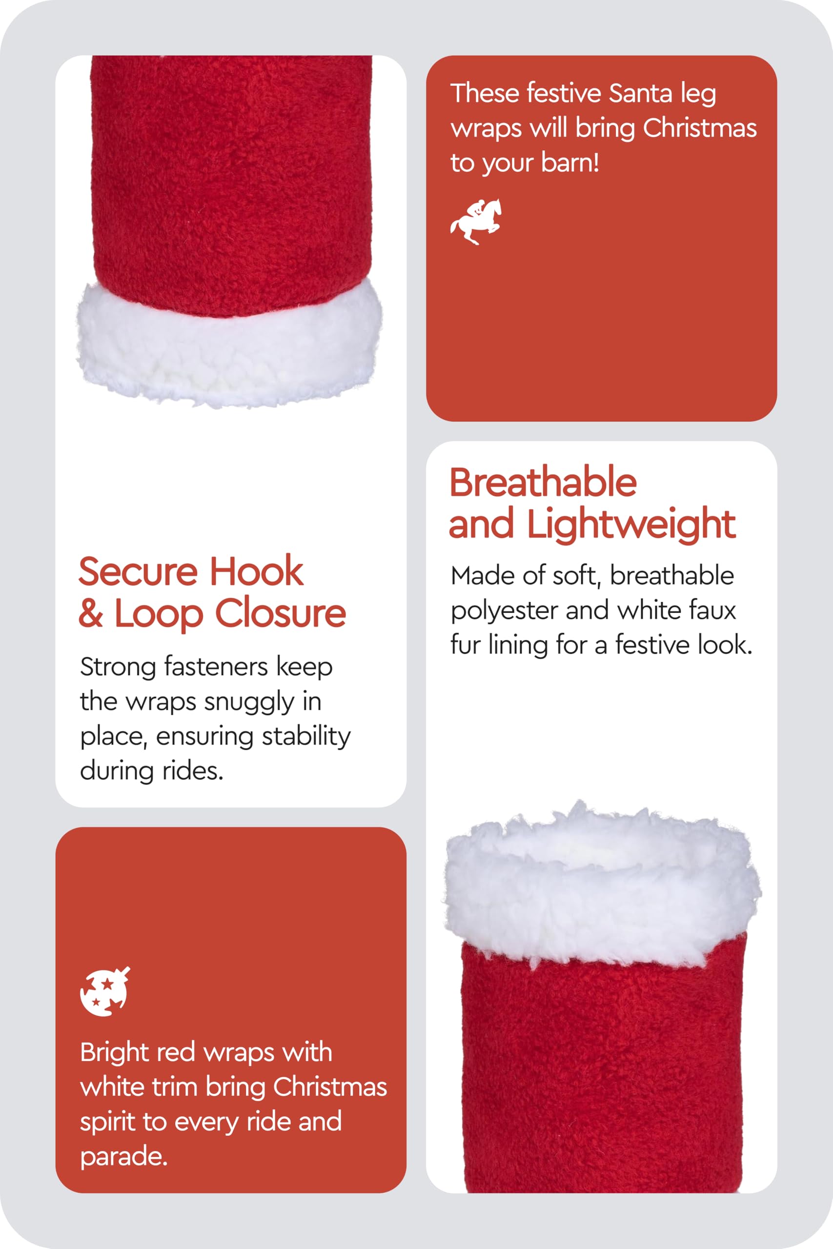HORZE Santa faux fur leg wraps showcase festive design in red.