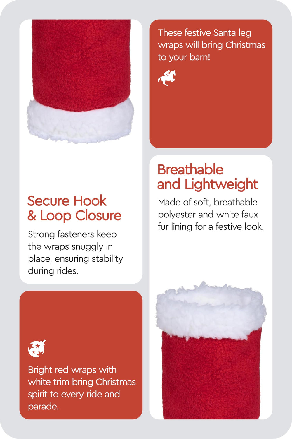 HORZE Santa faux fur leg wraps showcase festive design in red.
