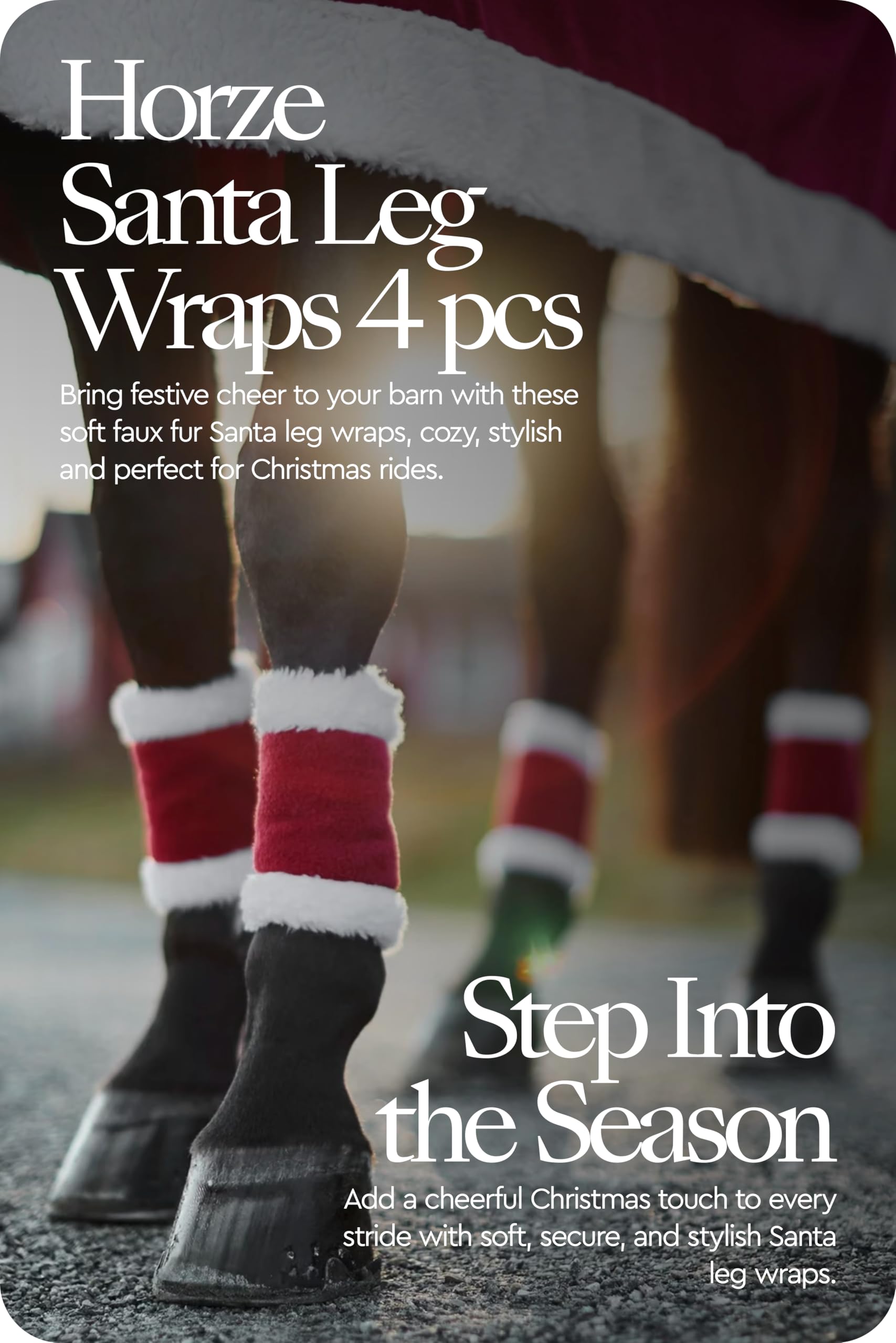 HORZE Santa leg wraps ready to mix with Santa hat helmet covers.