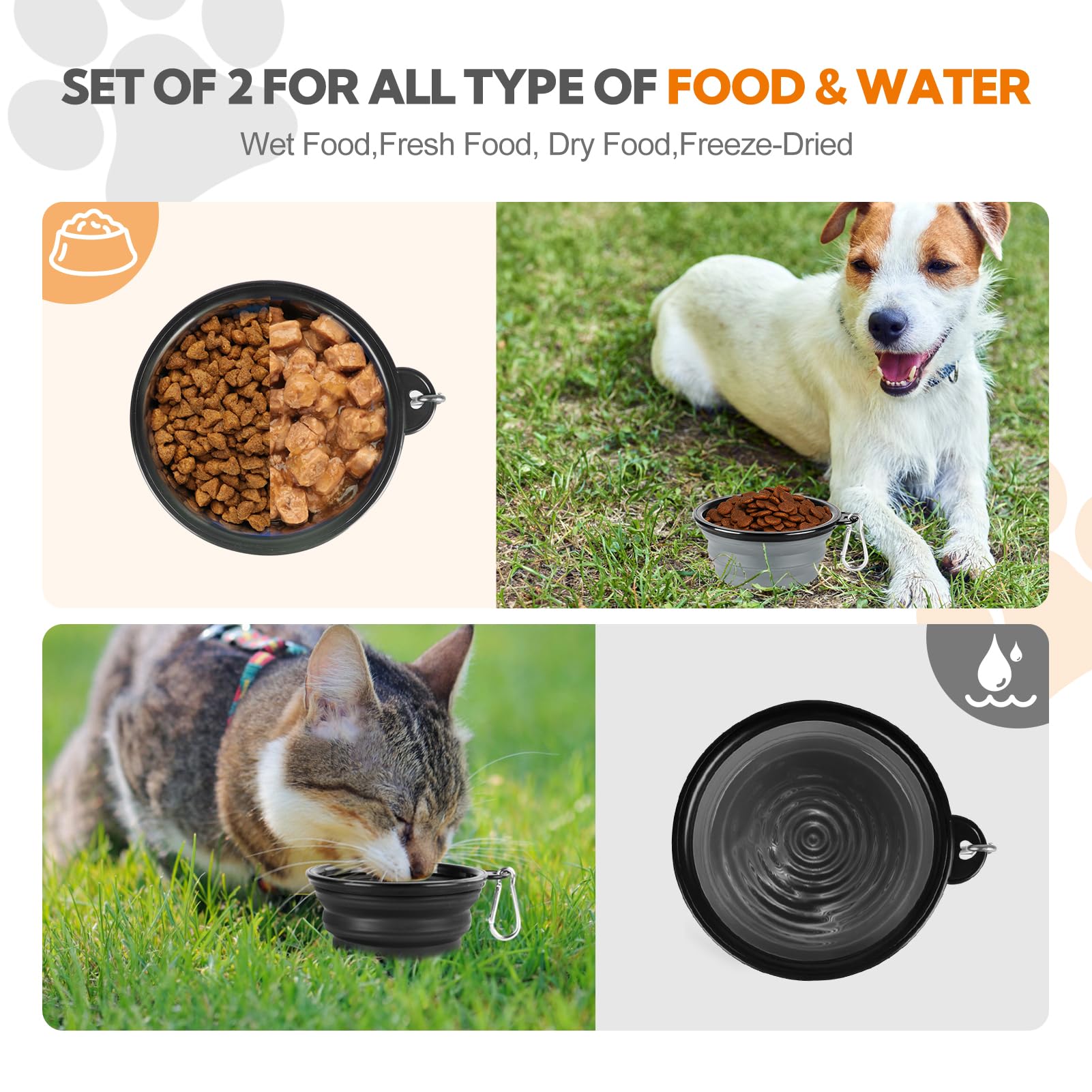 HOSCAPE dog bowl with carabiner clip for hands-free attachment on hikes.