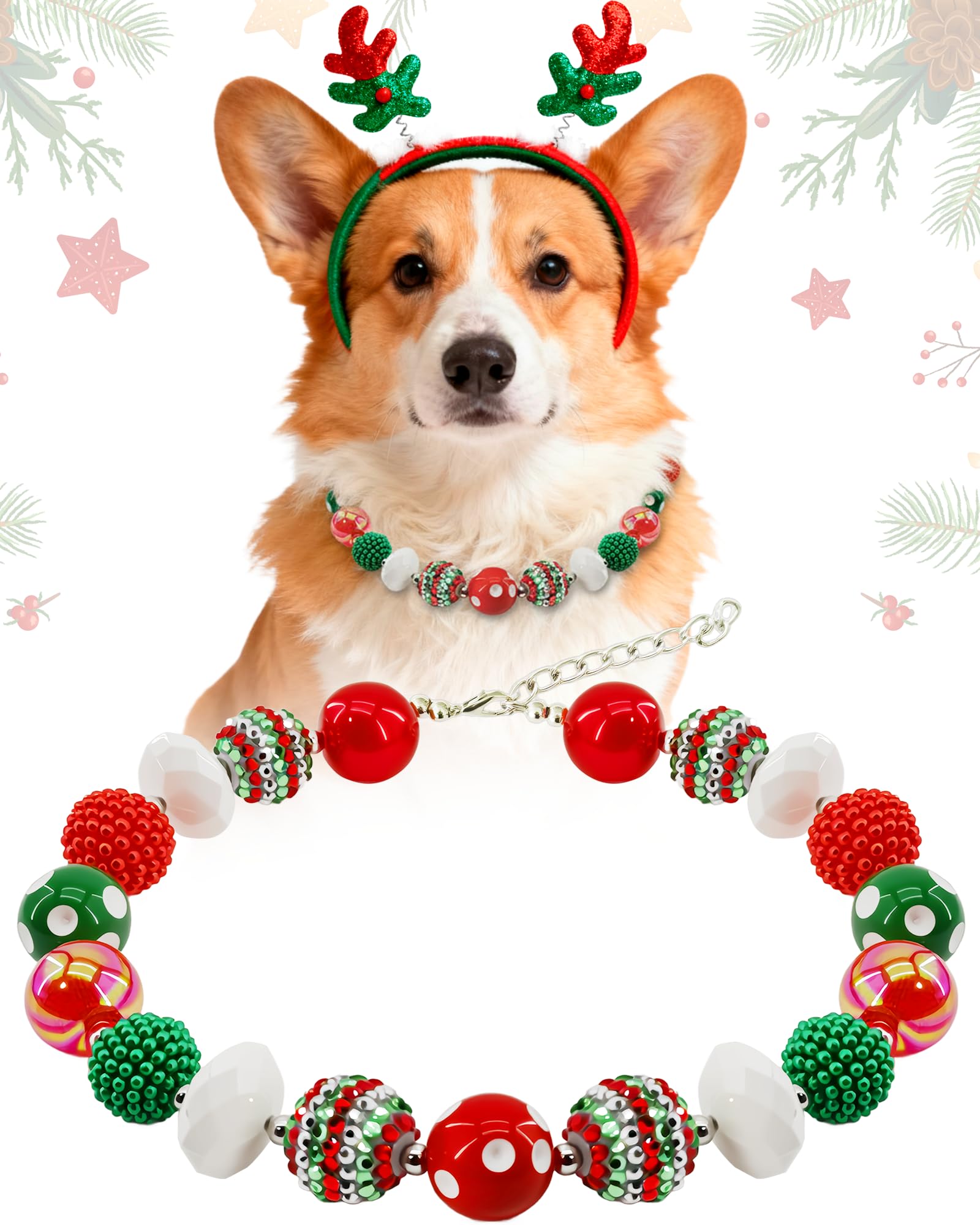 Hosiwei Christmas dog collar red green beads closeup for festive photos and daily wear