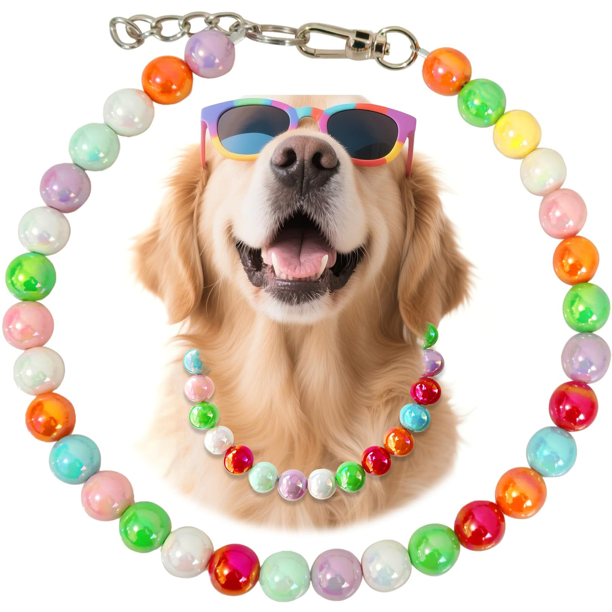 Hosiwei rainbow beaded dog collar with 16mm beads for colorful everyday wear.