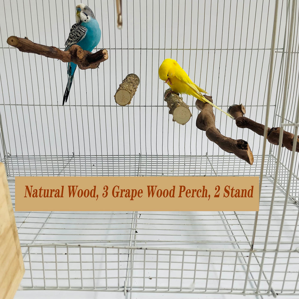 Hosukko grape wood perches set provides versatile cage enrichment with three perches and two stands.