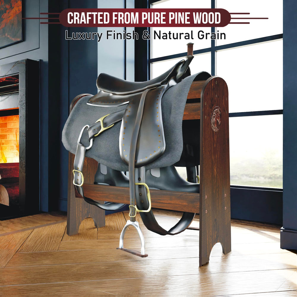 HOTCAN pine wood rack back detail with horse badge for authentic Western styling.