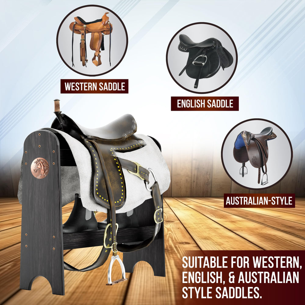 HOTCAN Saddle rack dimensions show compact, space-saving design for small tack areas.