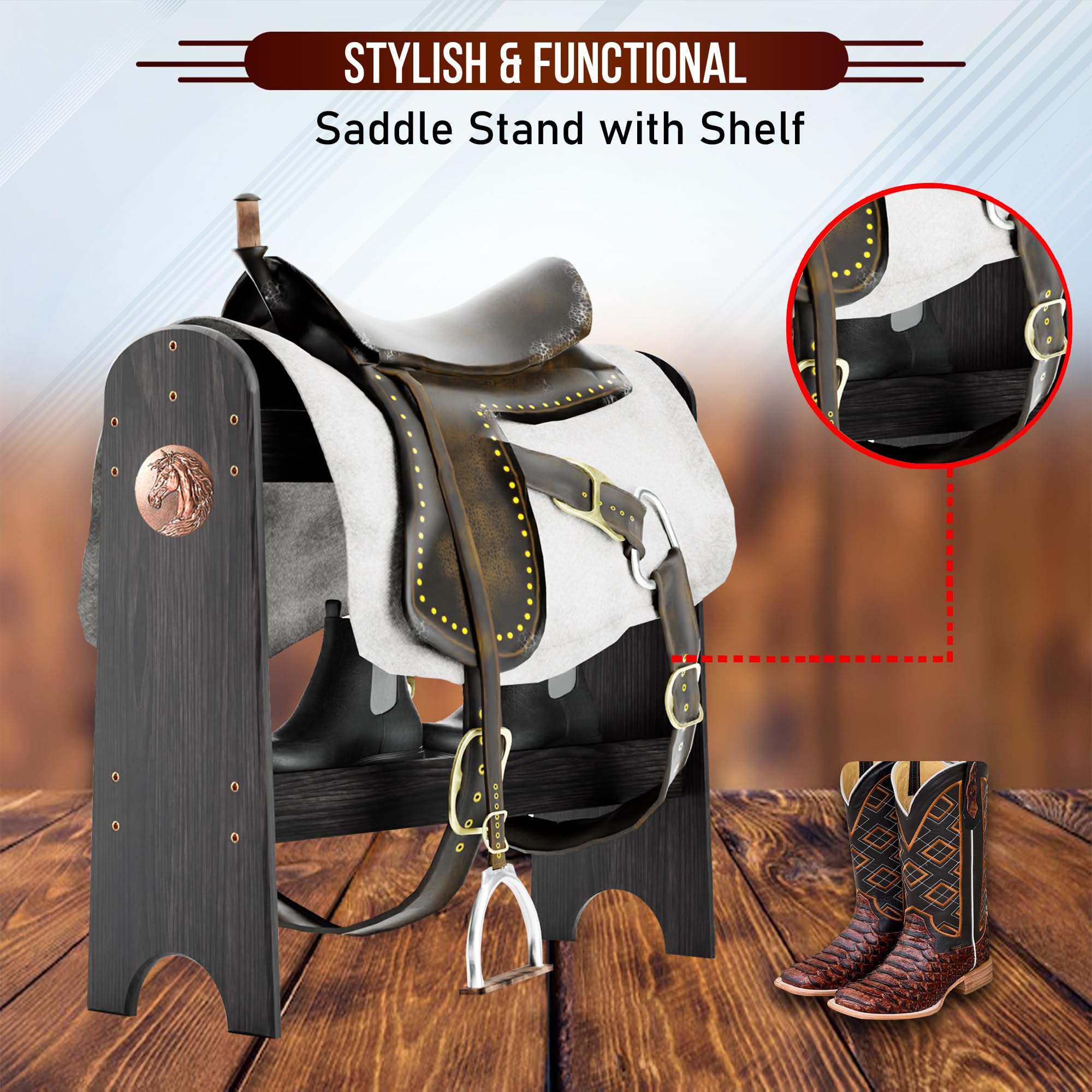 HOTCAN Display-ready stand ideal for vintage saddles and organized gear.