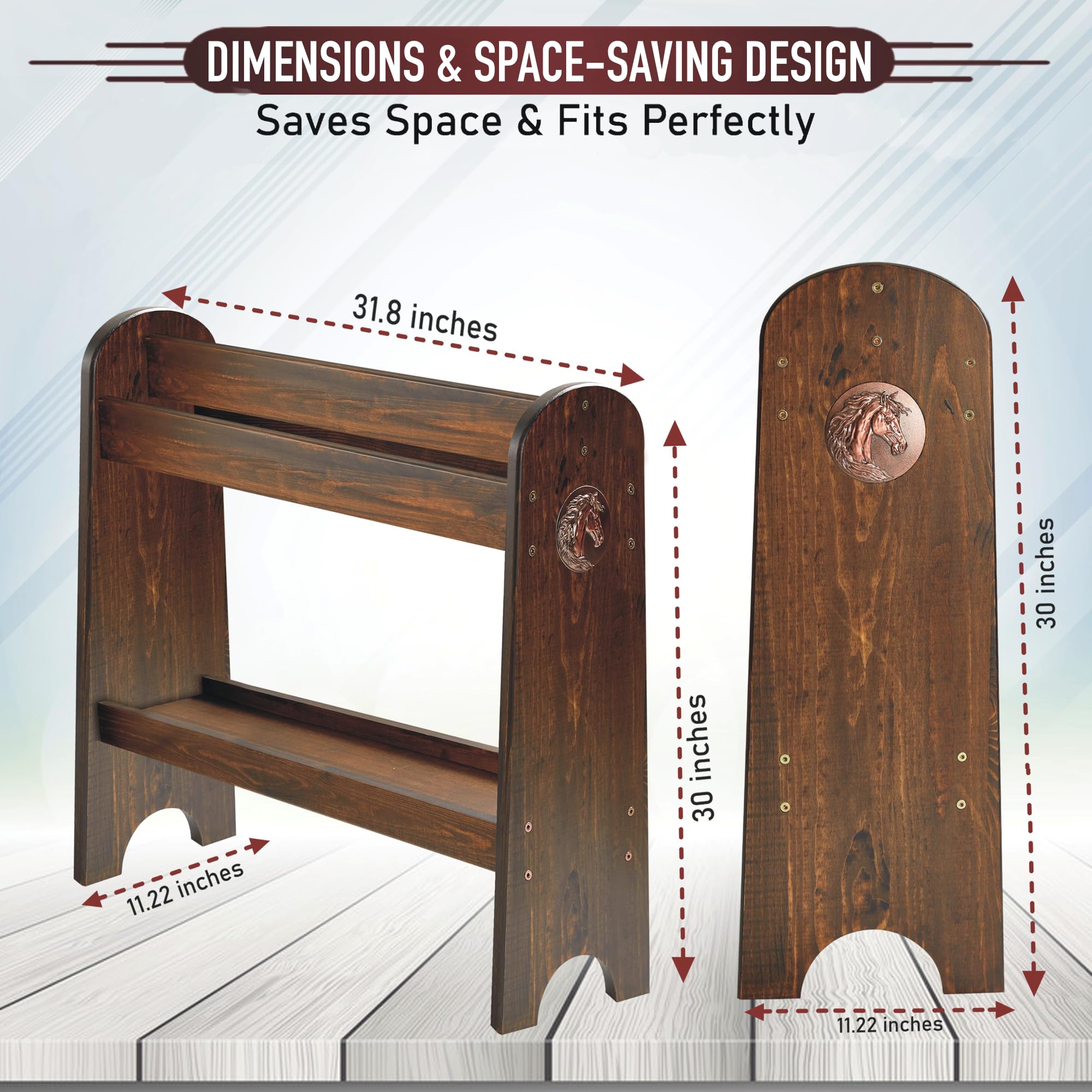 HOTCAN saddle rack side view highlights compact footprint for space-saving tack storage.
