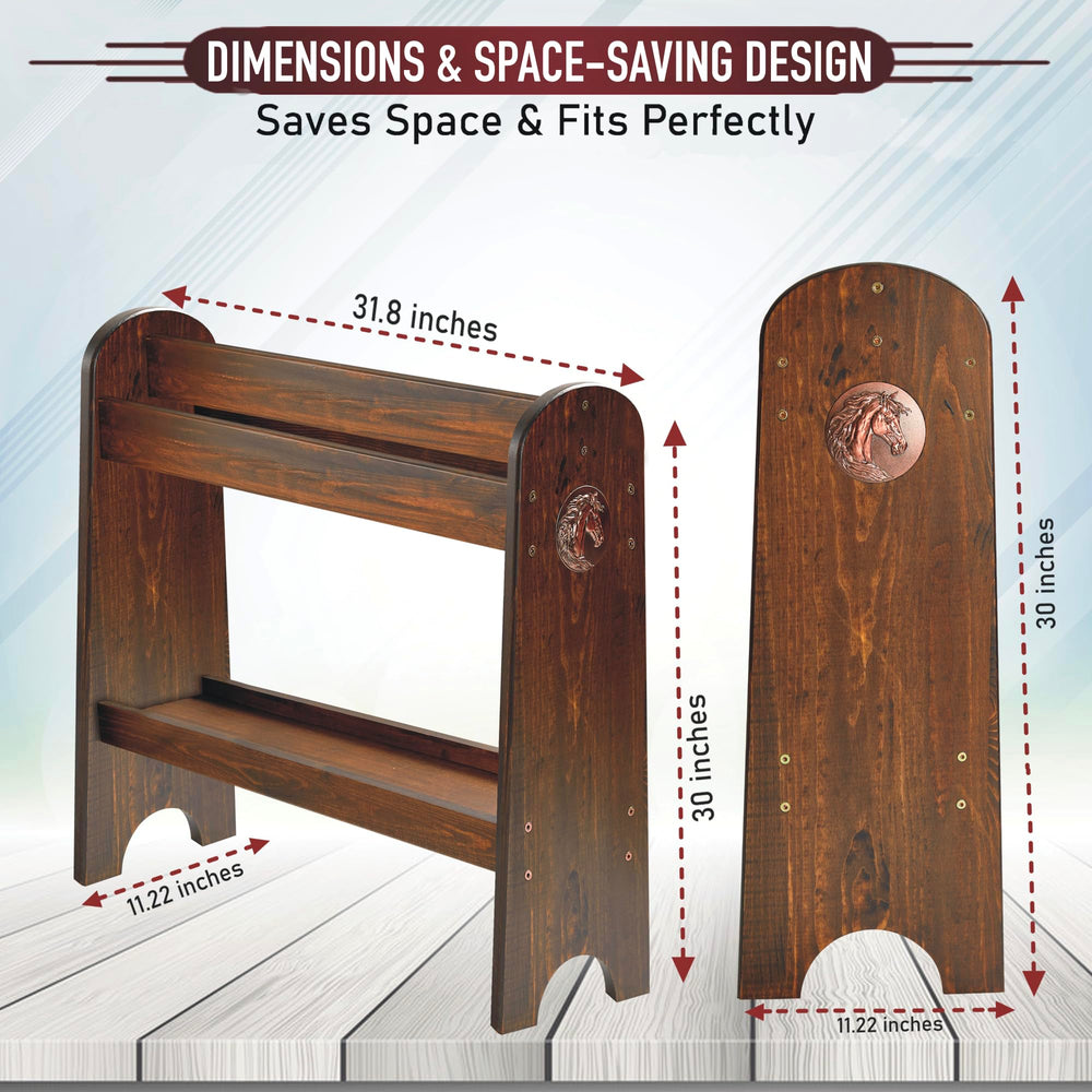 HOTCAN saddle rack side view highlights compact footprint for space-saving tack storage.
