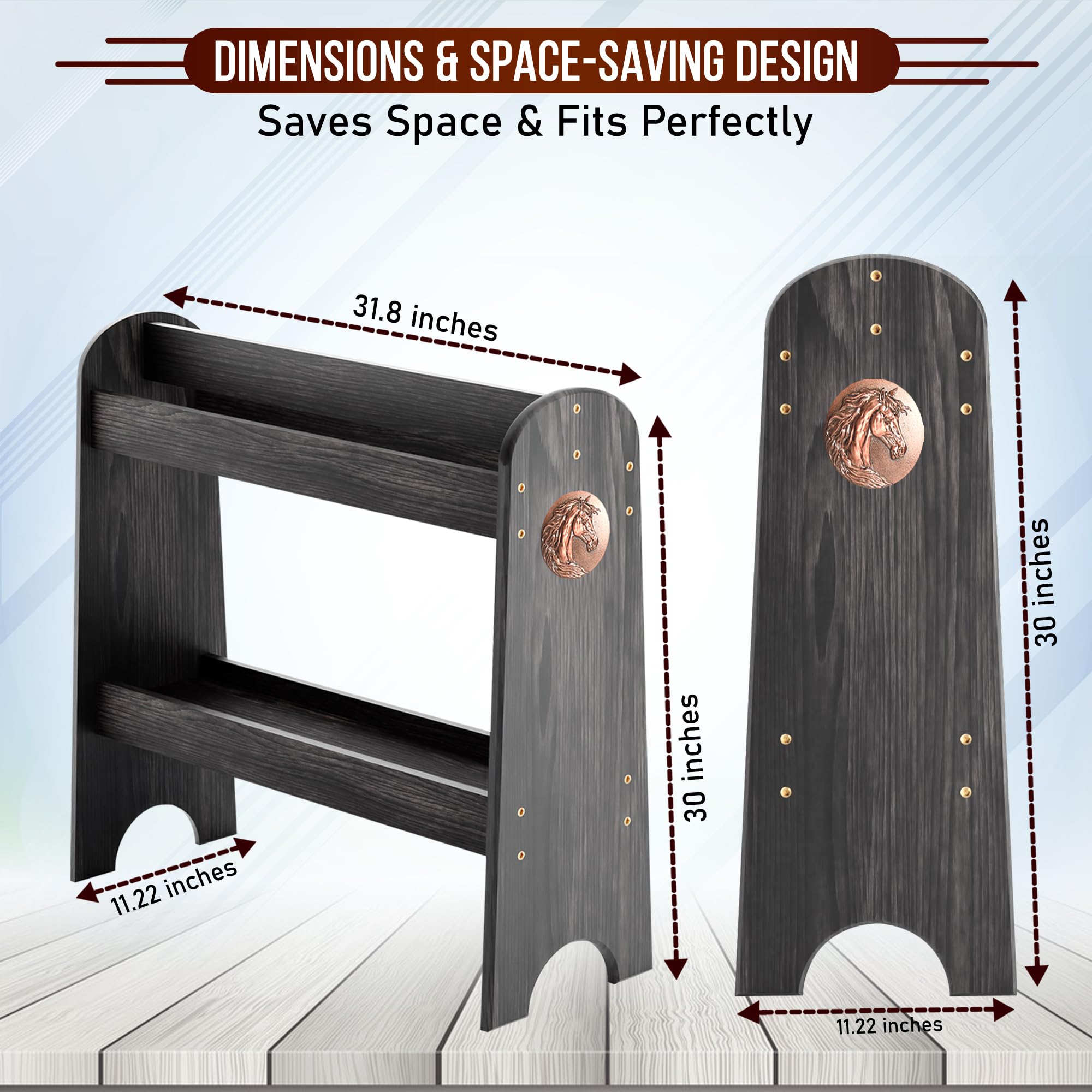 HOTCAN Pine Wood Saddle Rack side view showing sturdy storage for boots and brushes.