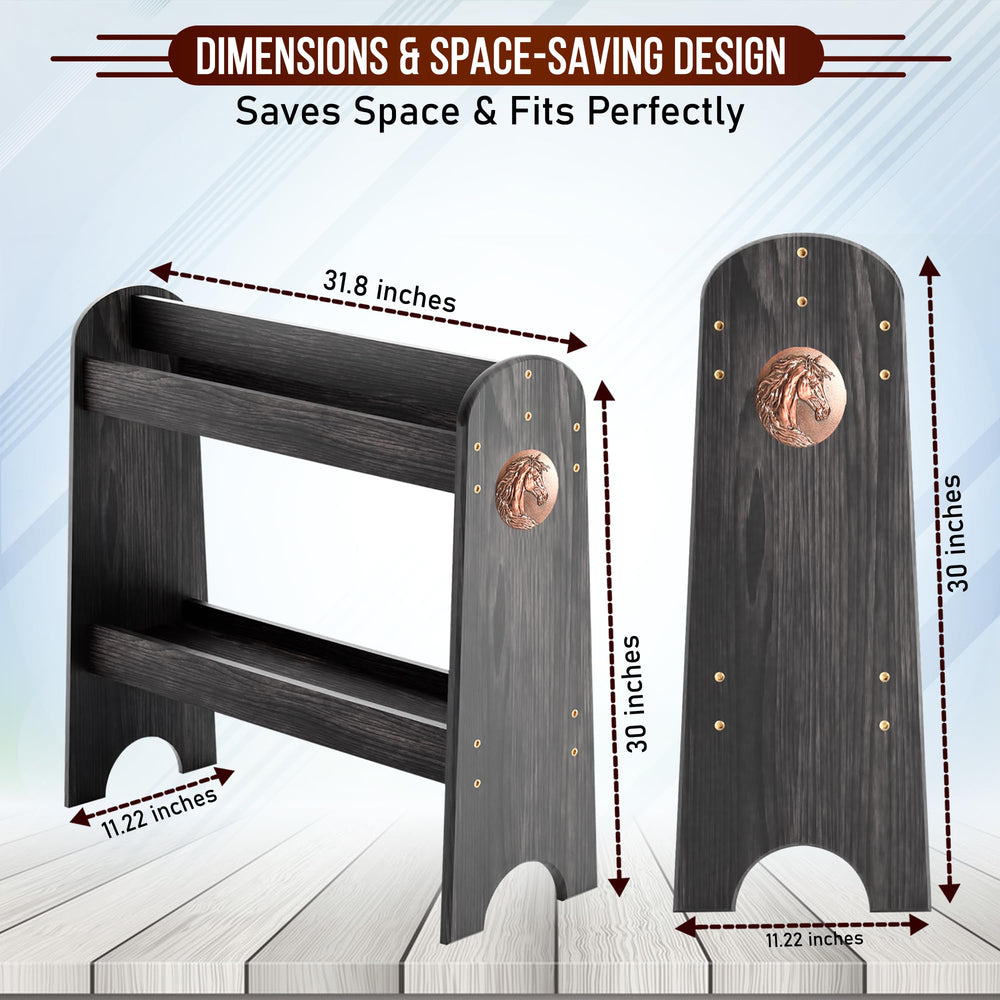 HOTCAN Pine Wood Saddle Rack side view showing sturdy storage for boots and brushes.