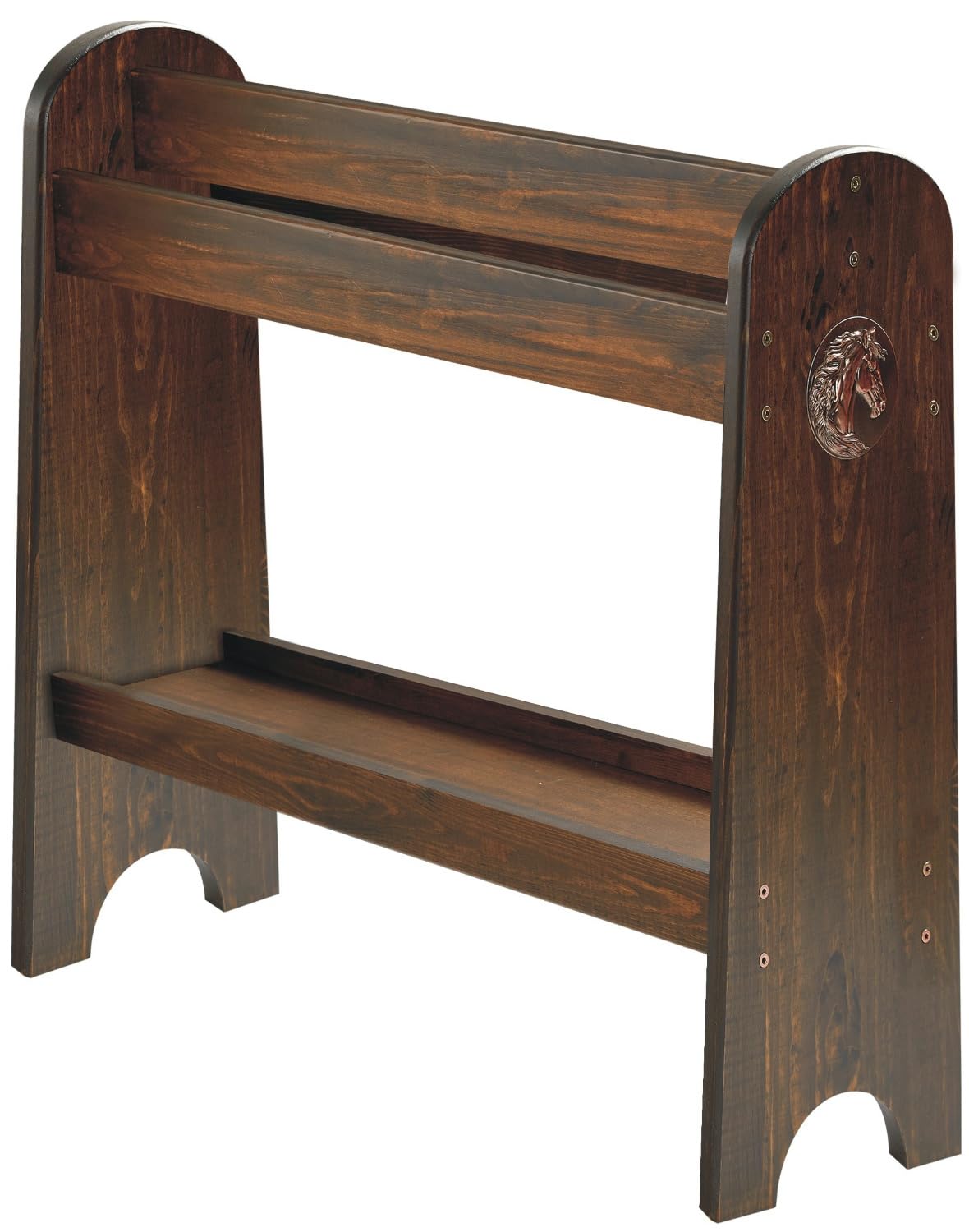 HOTCAN pine wood saddle rack front view showing sturdy walnut finish for prized saddles.