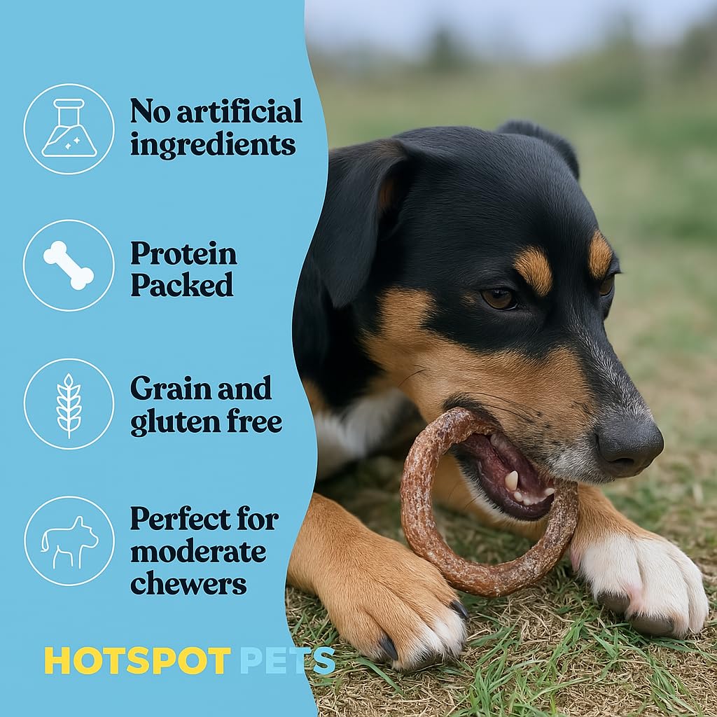 Hotspot Pets Bully Stick Rings long twisted beef pizzle, appealing chew for dogs.