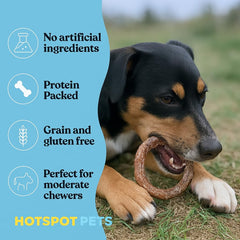 Hotspot Pets Bully Stick Rings long twisted beef pizzle, appealing chew for dogs.