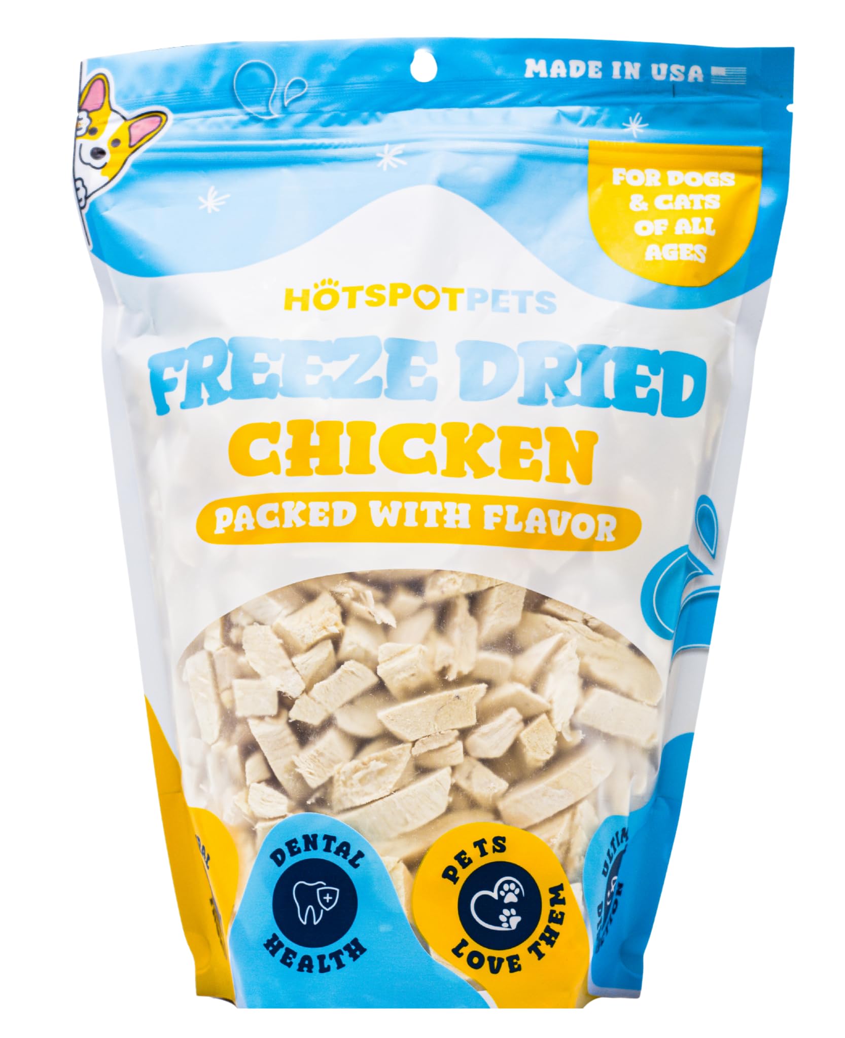 Hotspot Pets cat and dog enjoy freeze-dried chicken treats during playtime.