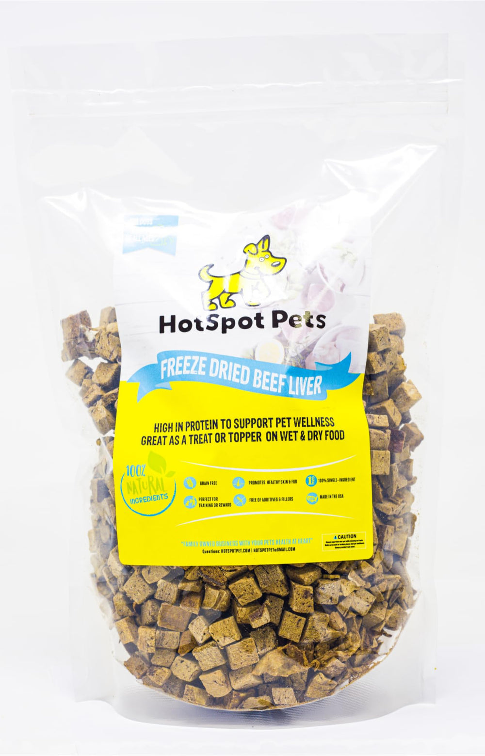 Hotspot Pets Freeze Dried Beef Liver Treats storage bag keeps freshness.