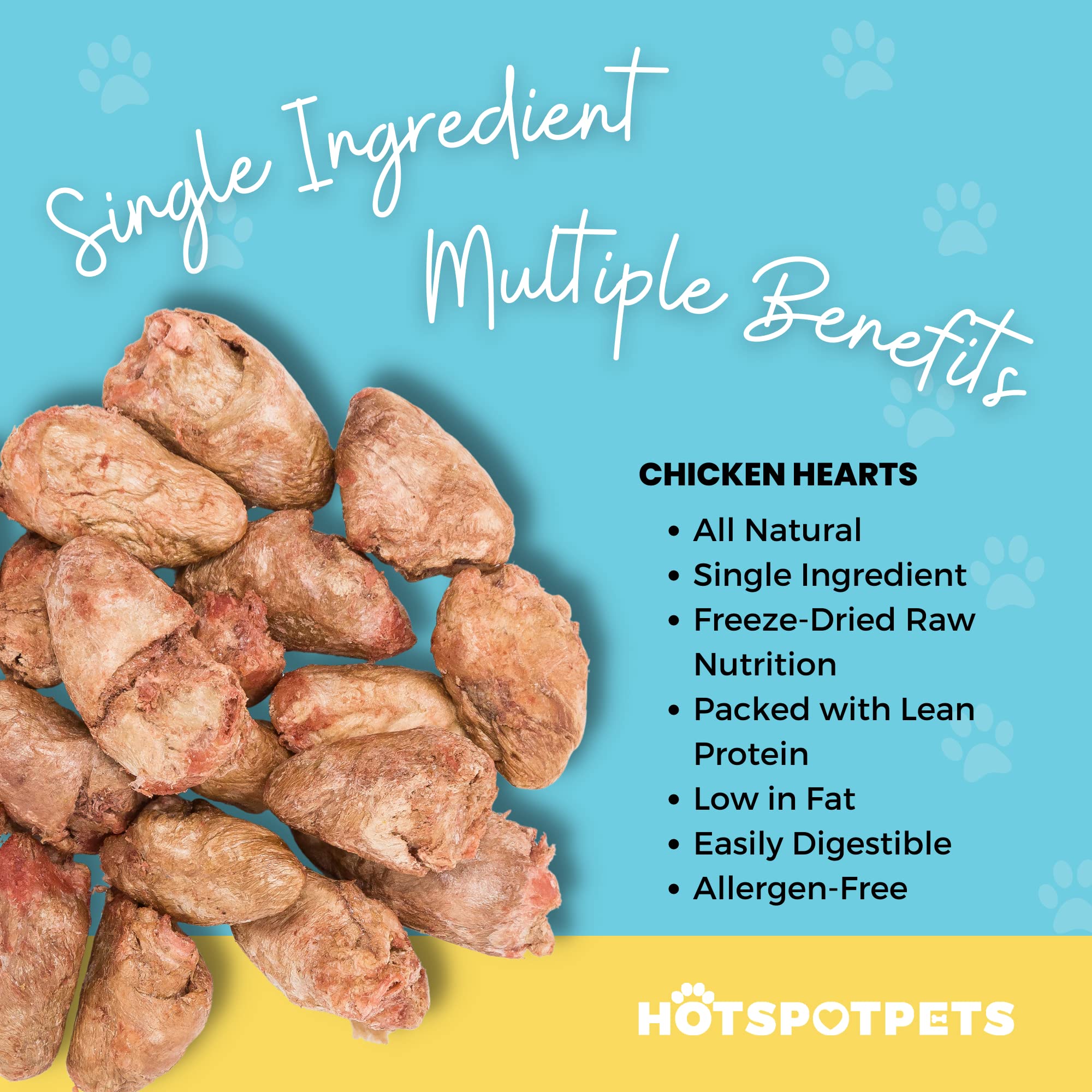 Hotspot Pets Freeze Dried Chicken Hearts bag back—ingredient highlights and USA-made note.