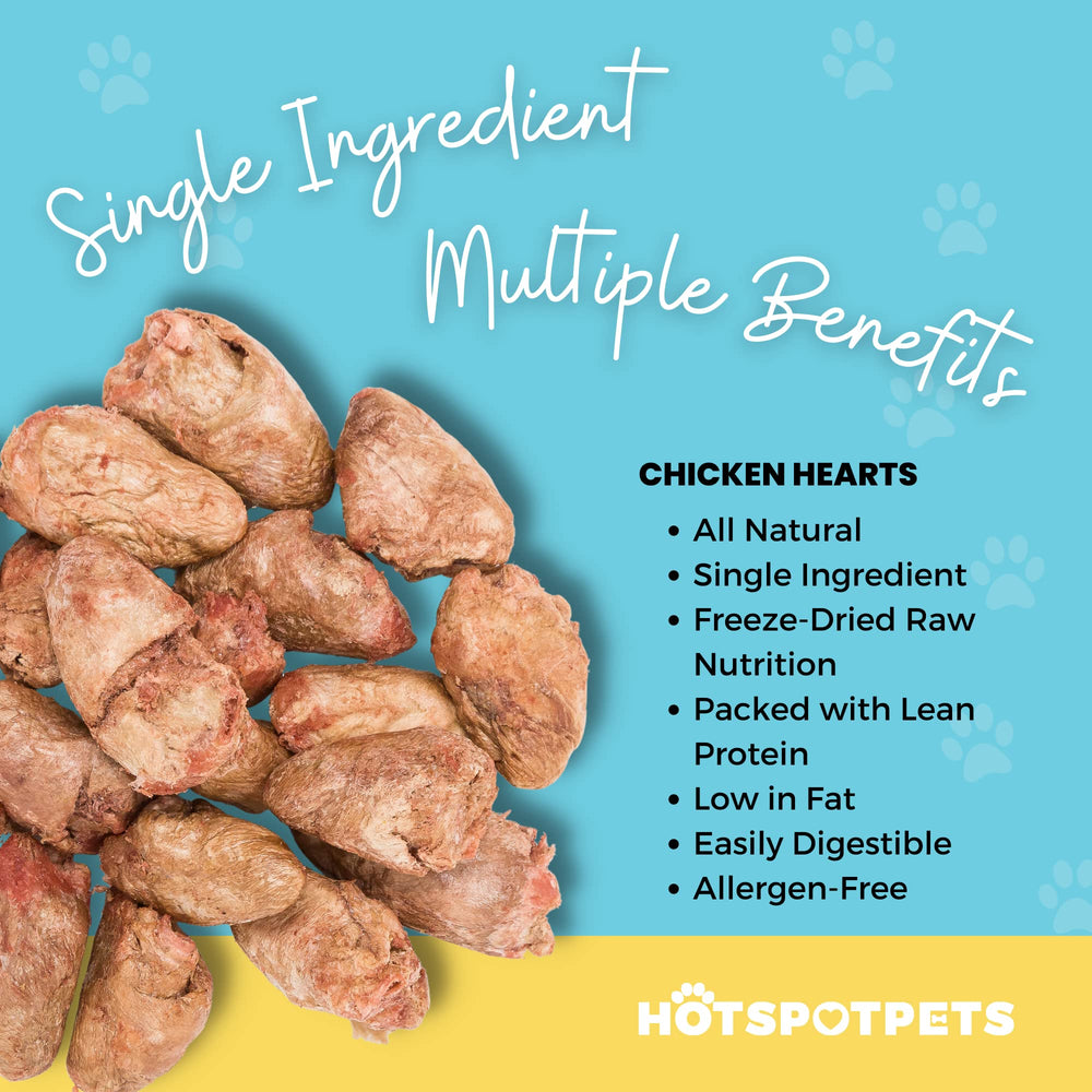 Hotspot Pets Freeze Dried Chicken Hearts bag back—ingredient highlights and USA-made note.