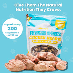 Hotspot Pets Freeze Dried Chicken Hearts bag open—single-ingredient, grain-free goodness.