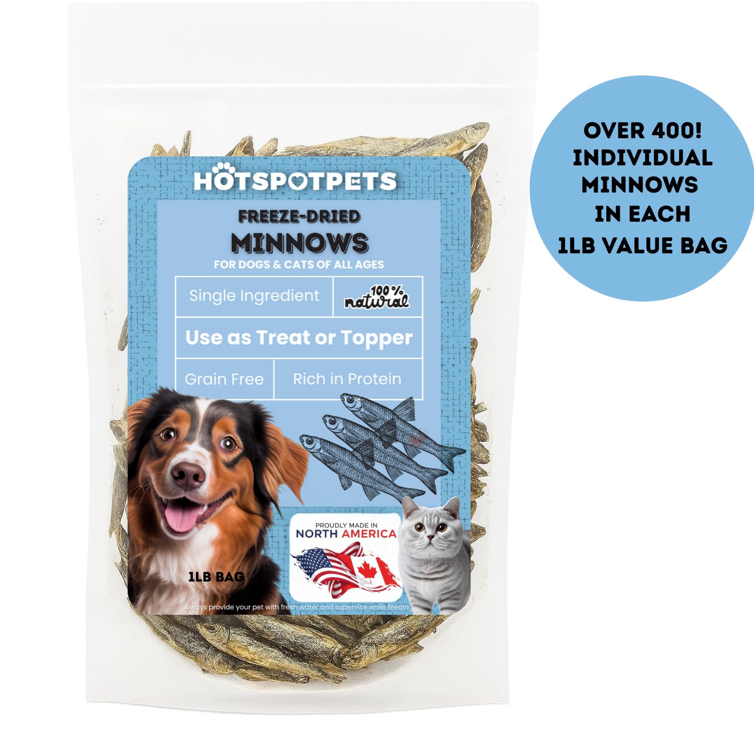 Hotspot Pets freeze dried minnows closeup highlights omega-3 richness for skin and coat