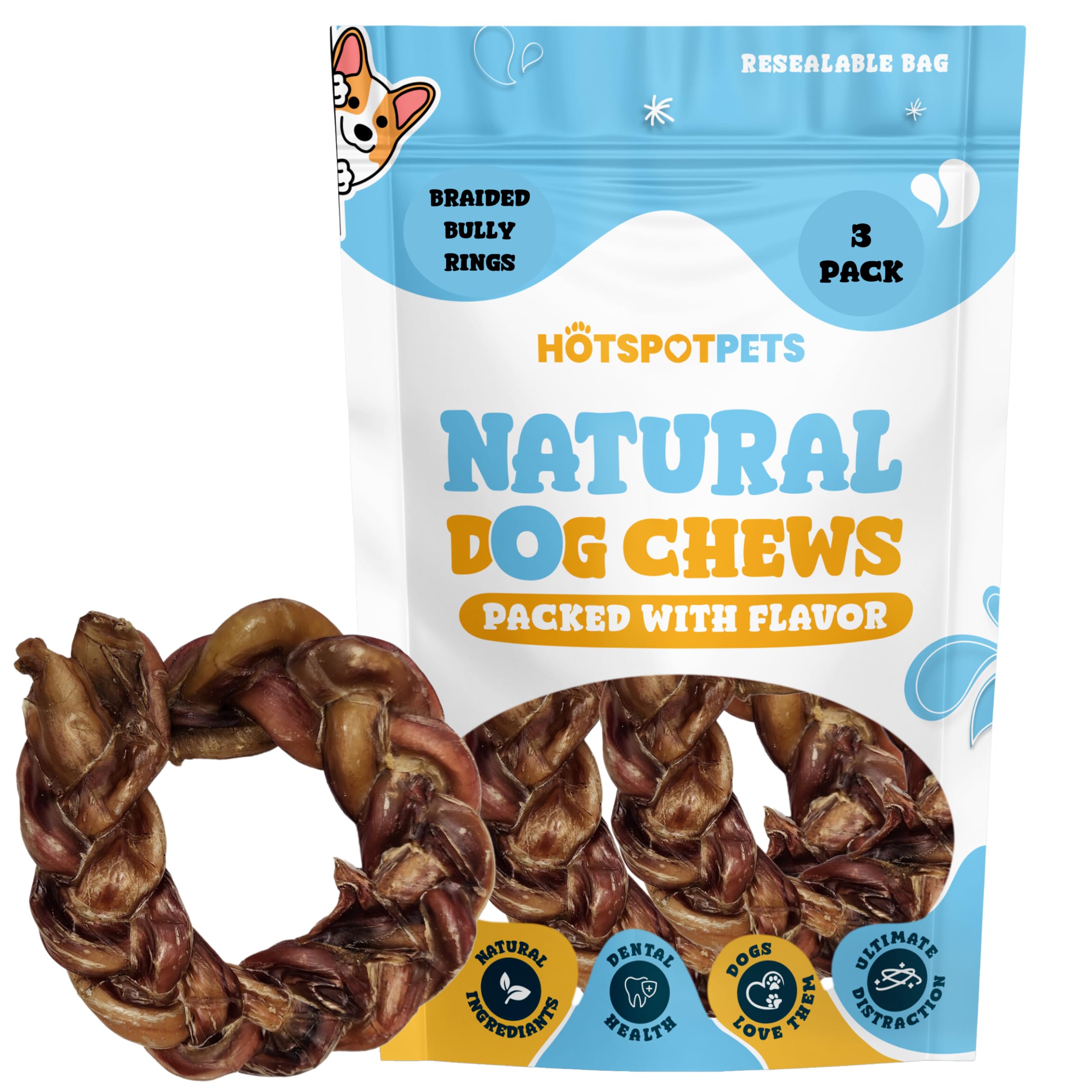 Hotspot Pets grain-free dog chew in bag emphasizes allergy-friendly option.