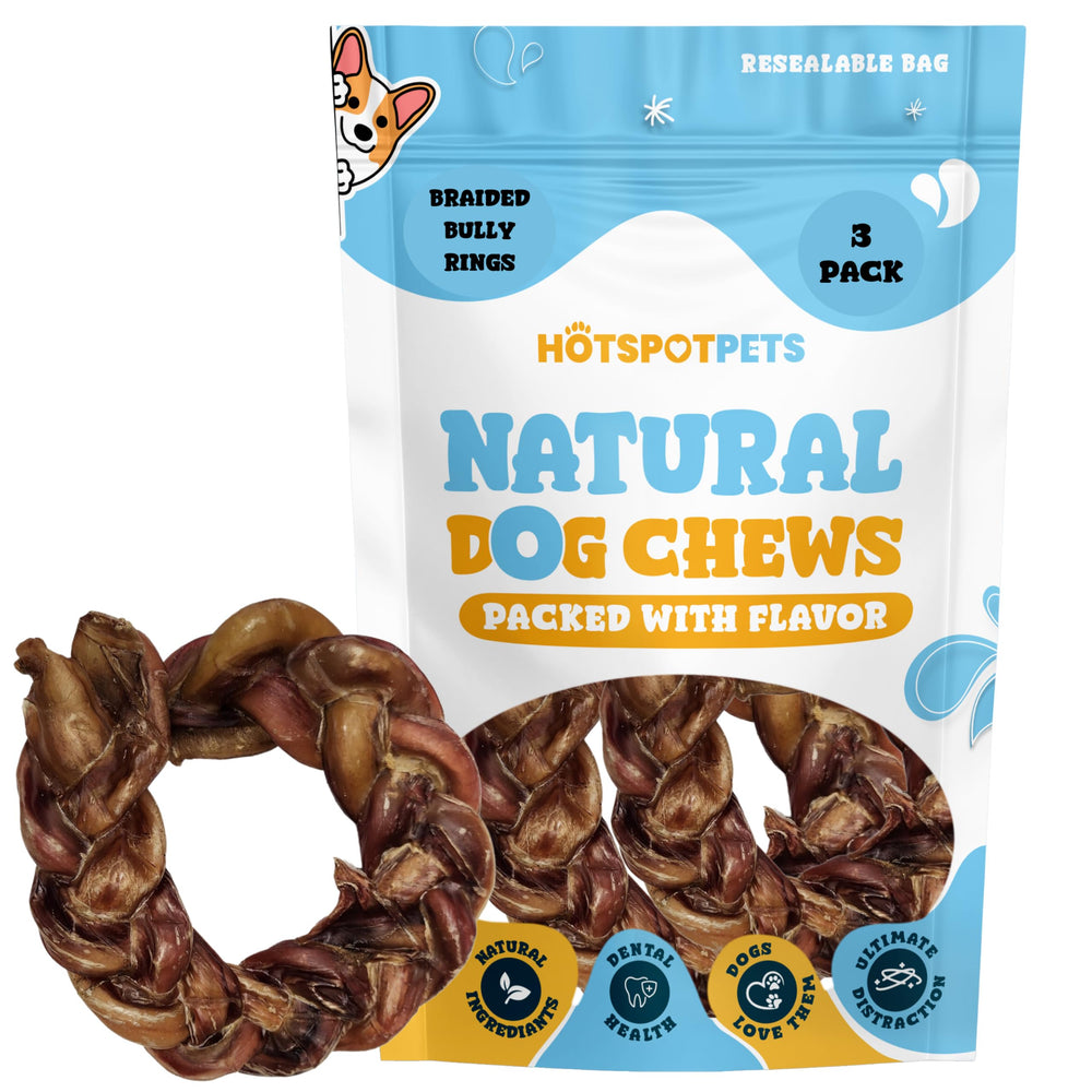 Hotspot Pets grain-free dog chew in bag emphasizes allergy-friendly option.