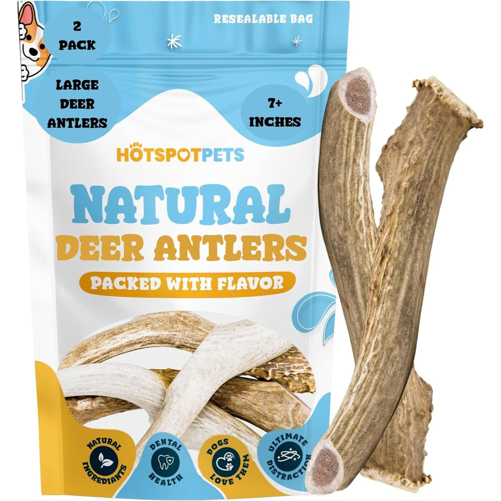 Hotspot Pets premium deer antlers seven inch two-pack ideal for long-lasting chews and dental maintenance.