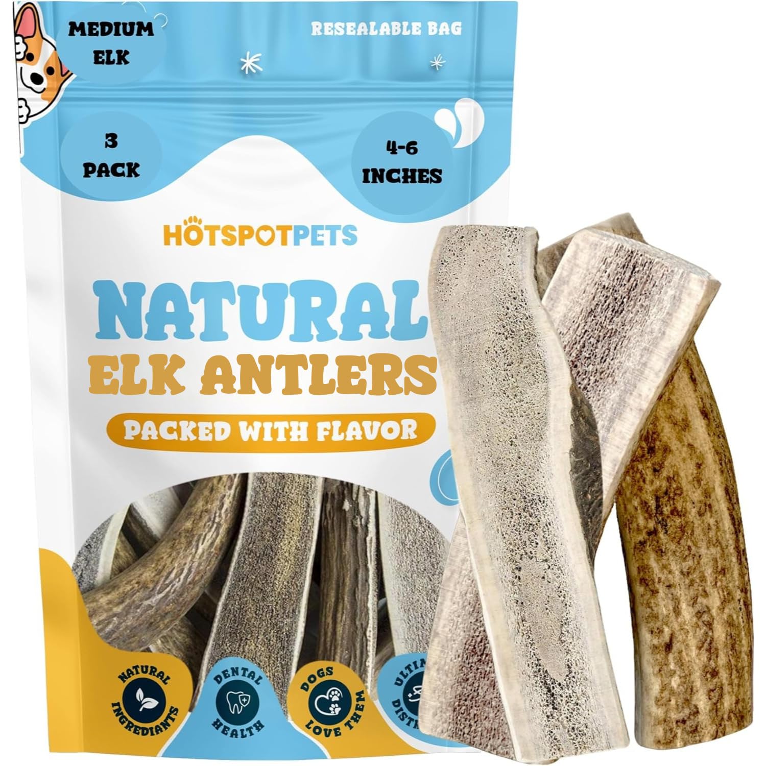 Hotspot Pets Split Elk Antlers for Dogs, 4-6 Inch Pack-3, long-lasting chew.