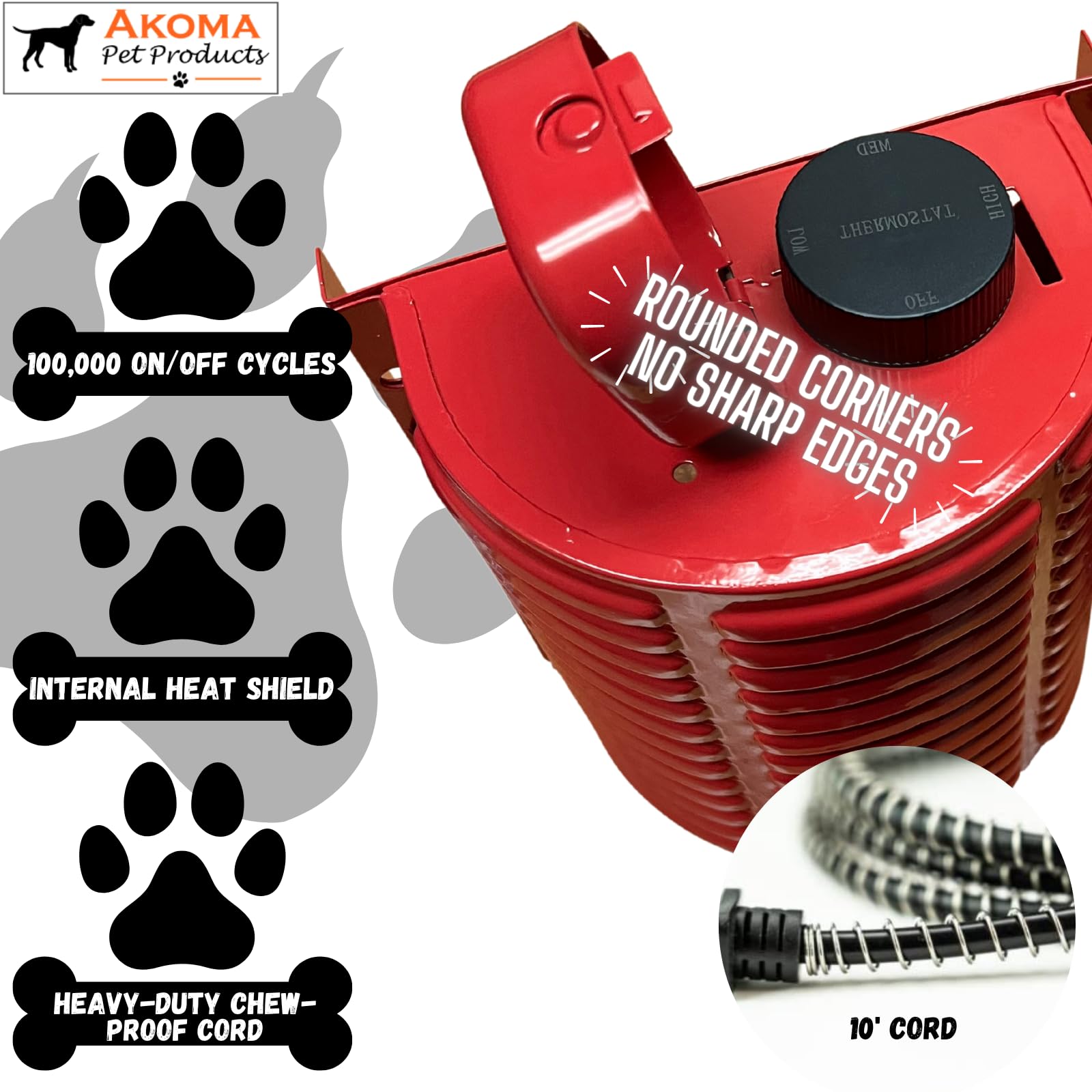 Hound Heater Deluxe safety cord close-up emphasizes chew-resistant power