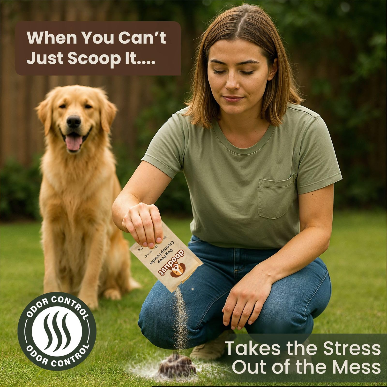 HOUNDGAMES poop hardener transforms soft stool into solid for park cleanup.