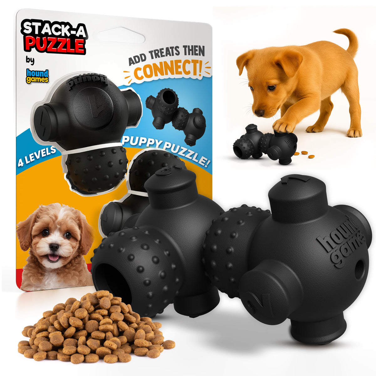HOUNDGAMES puppy puzzle toy level 4 closeup showing durable rubber for chewers and mental stimulation