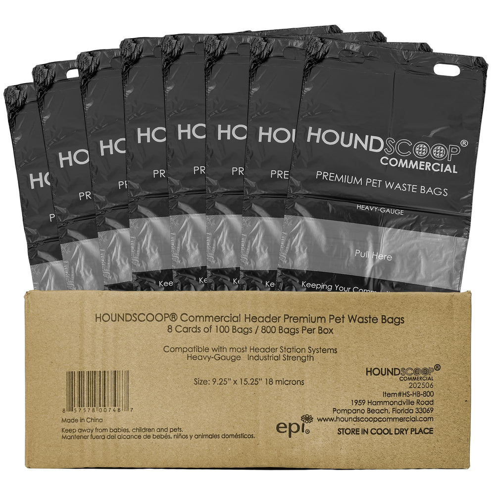 HOUNDSCOOP 800-count pull-strap header bags ready for easy one-at-a-time dispensing.