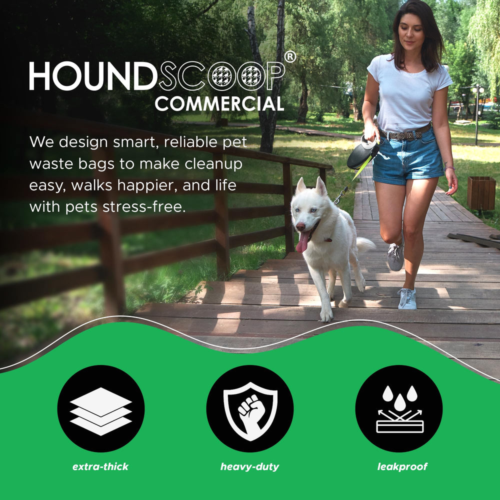 HOUNDSCOOP XL dog waste bags are leakproof and extra thick for cleanups.