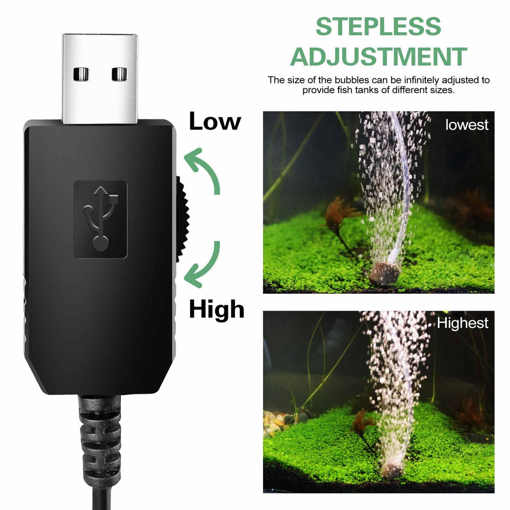 HouseUp USB air pump in use powering aeration in a small tank.