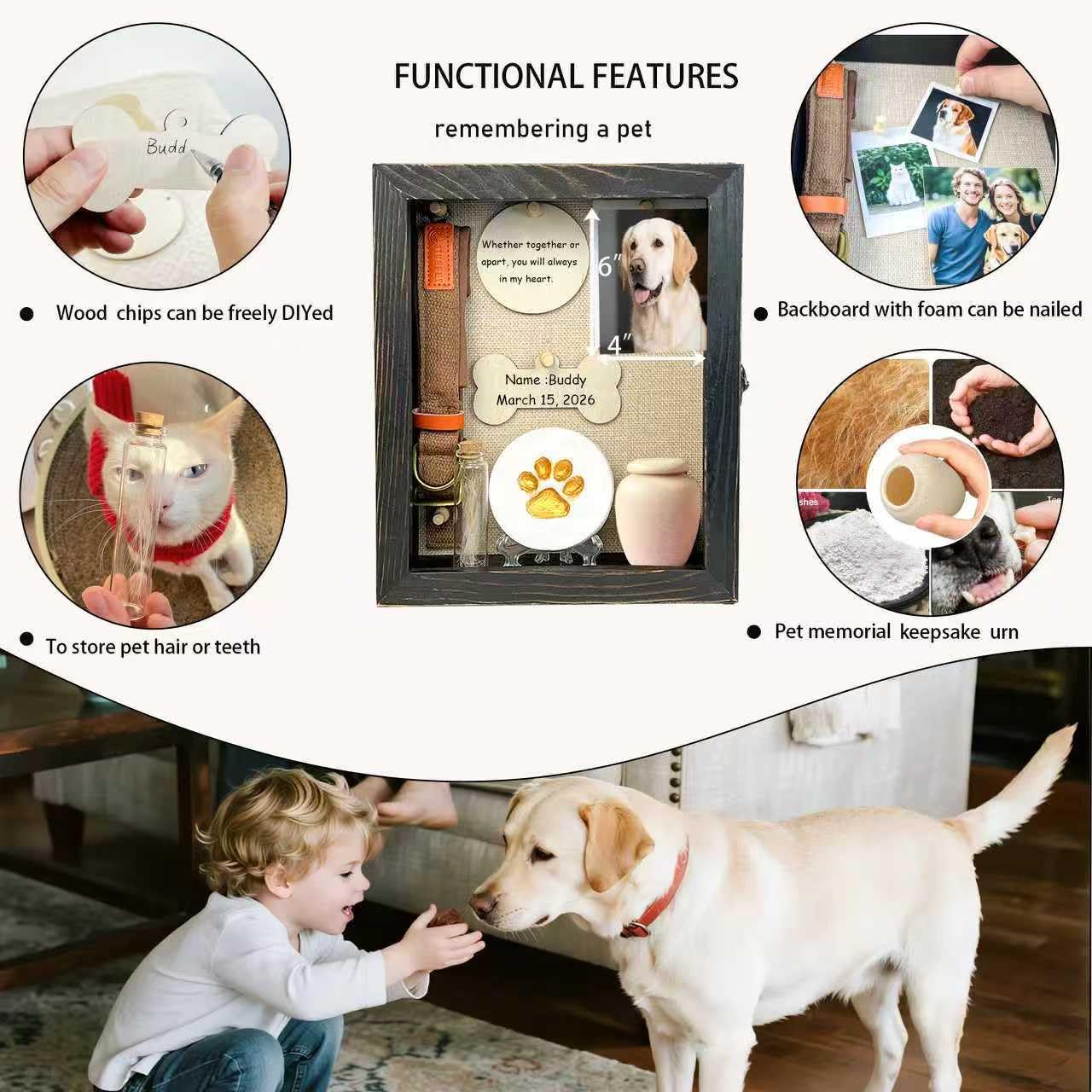 Houstimi pet memorial shadow box frame black open inside shows photo and keepsakes