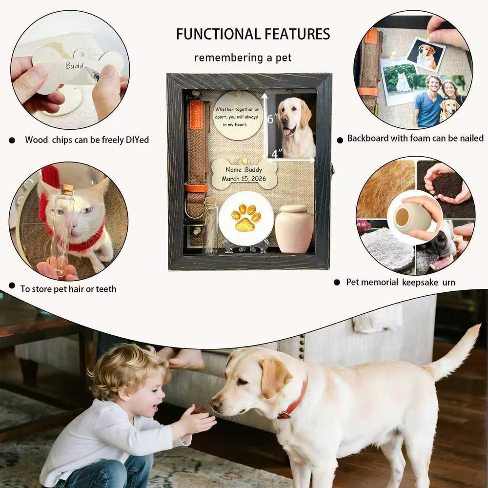 Houstimi pet memorial shadow box frame black open inside shows photo and keepsakes