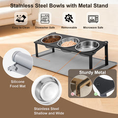 HOVNKUT three stainless steel bowls for dry food, wet food, and water.