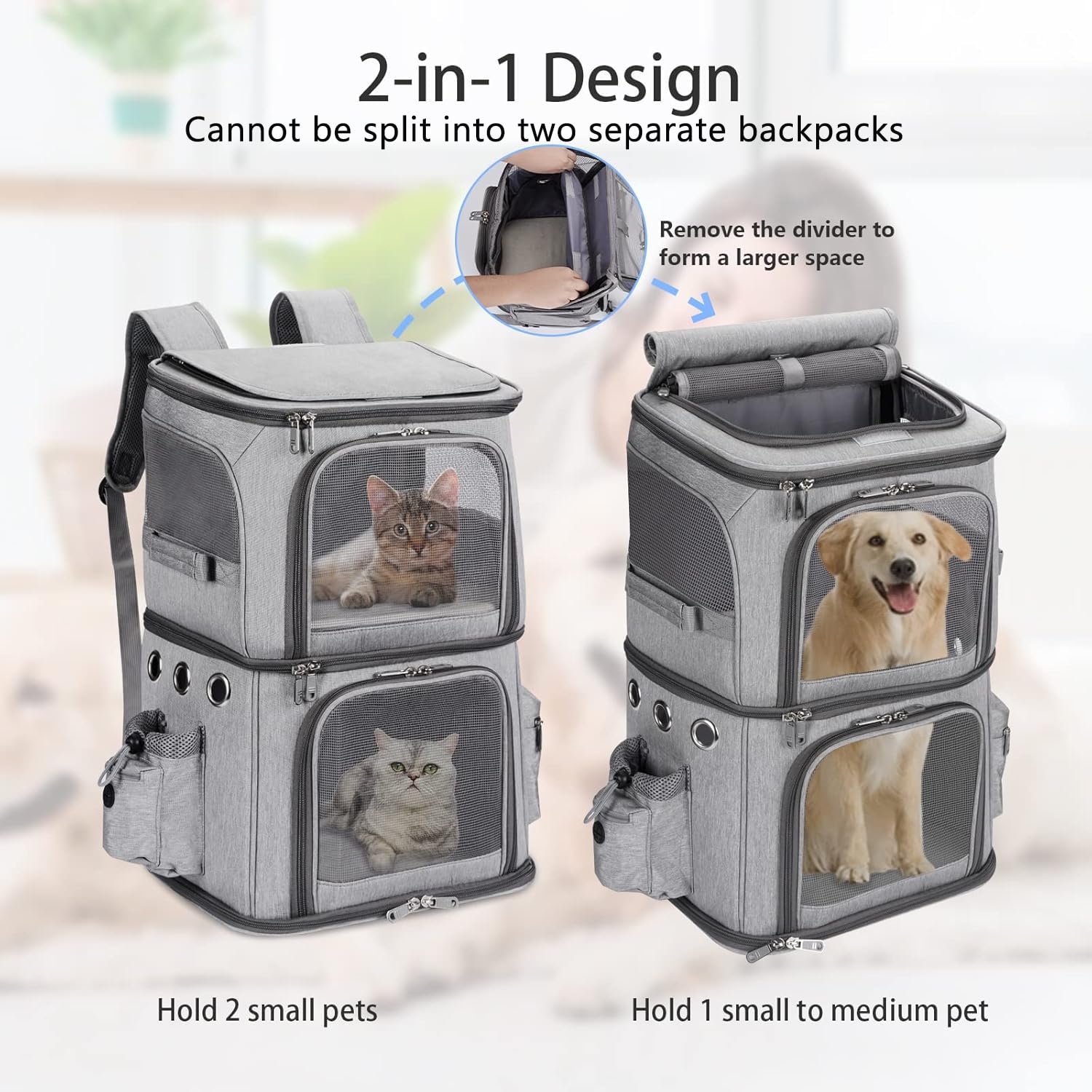 HOVONO pet carrier grey side pocket for water bottles and toys