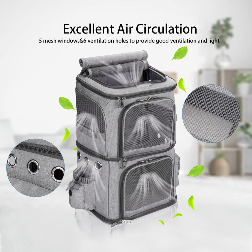 HOVONO ventilation windows on grey backpack ensuring airflow and pet visibility