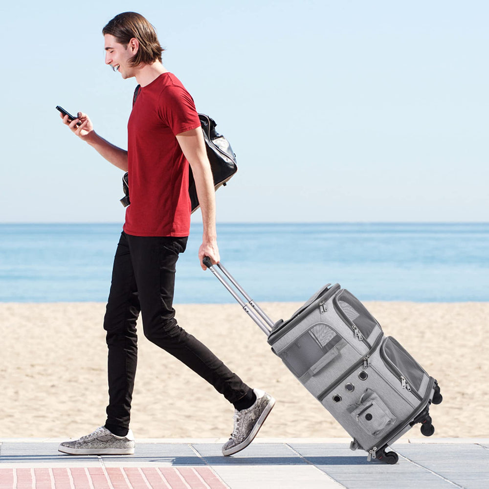 HOVONO rolling carrier in busy streets shows travel-ready design.