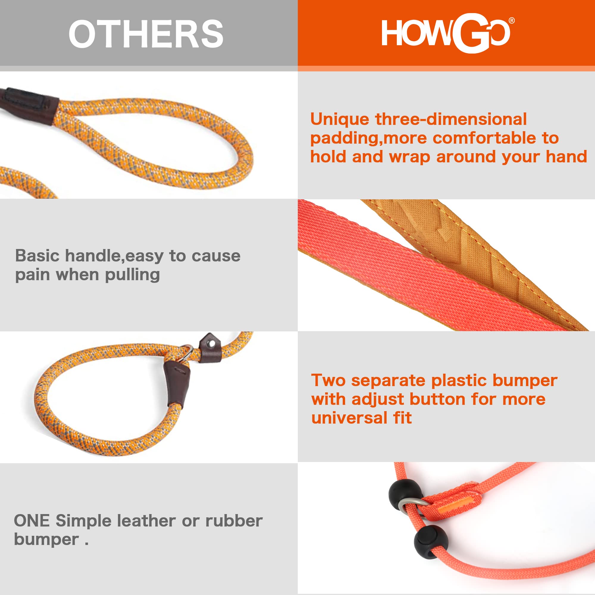HOWGO dog slip lead orange 3.6ft sturdy attachment and ring for stability