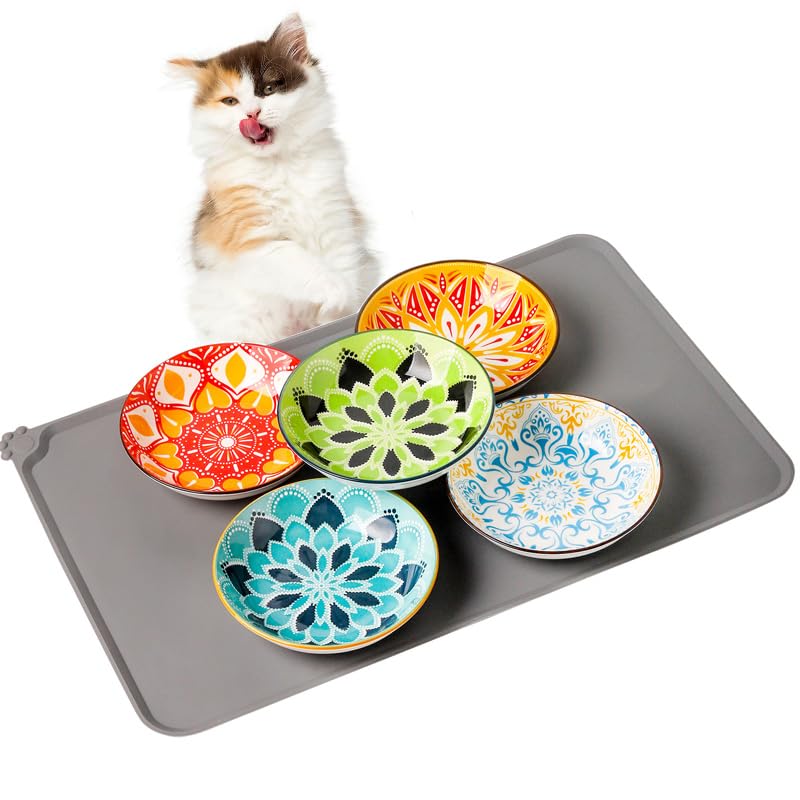 Howise Boho 5 ceramic cat bowls arranged for whisker-friendly meals at a shared feeding station.