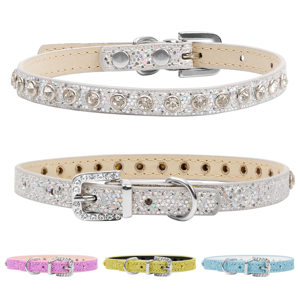 HOWWFALY pet bling collar medium silver front view highlights sparkling rhinestones for stylish pets