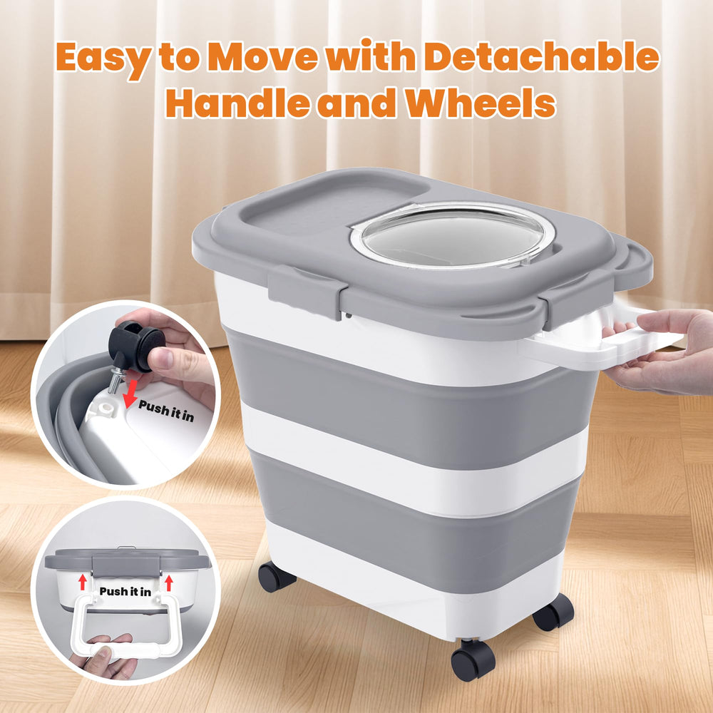 HOYTAMDAR dog food container wheels and handle enable easy transport.